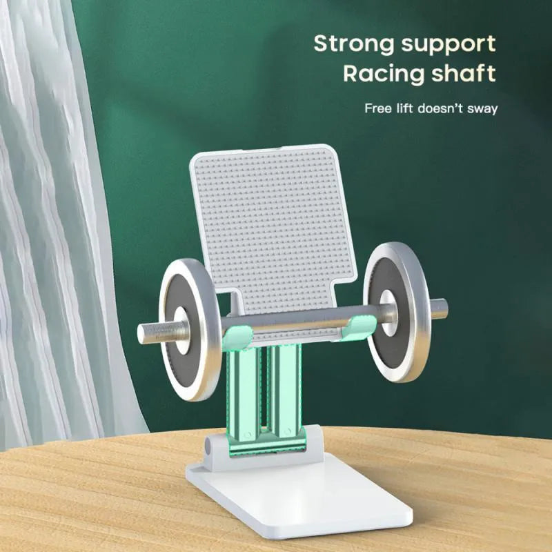 Black adjustable dual-rod lazy bracket holding a smartphone on a desktop.