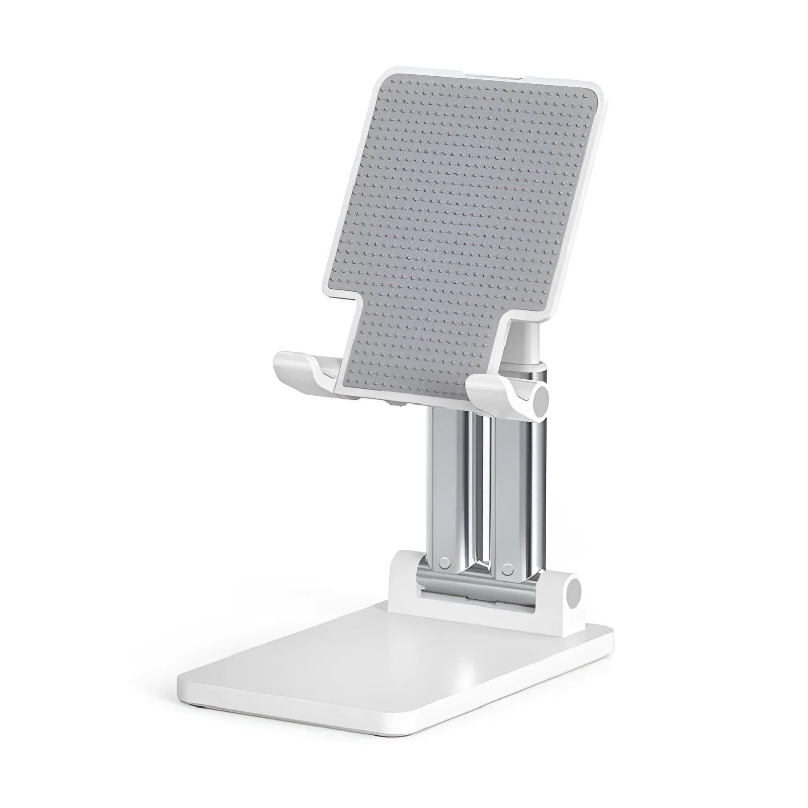 Black adjustable dual-rod lazy bracket holding a smartphone on a desktop.
