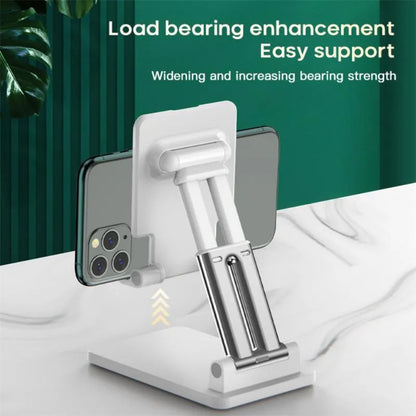 Black adjustable dual-rod lazy bracket holding a smartphone on a desktop.