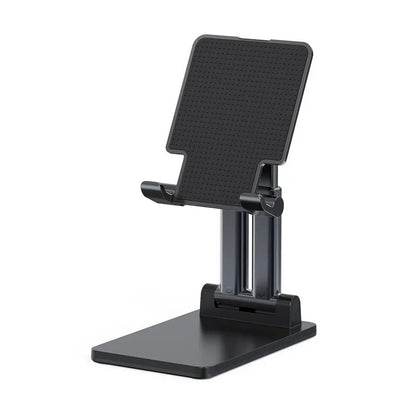 Black adjustable dual-rod lazy bracket holding a smartphone on a desktop.