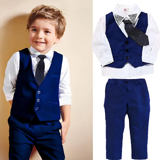 Blue boys' suit clothing set with vest, tie, turtleneck and trousers on hanger