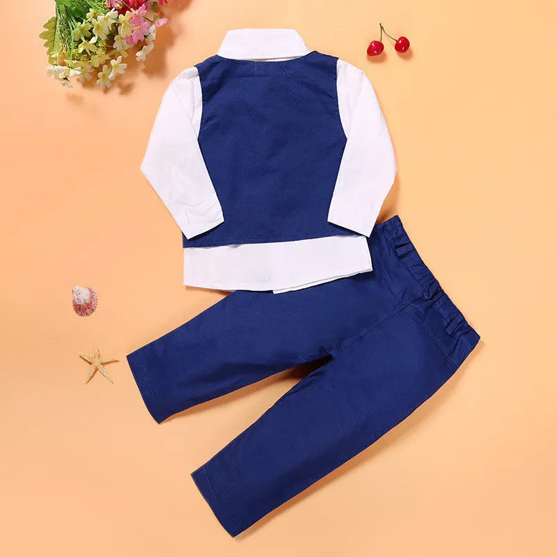 Blue boys' suit clothing set with vest, tie, turtleneck and trousers on hanger