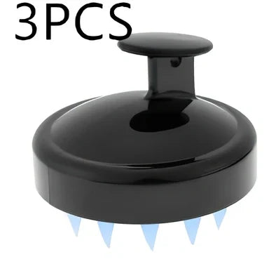 Black silicone shampoo brush with hook design measuring 8x8x7cm for scalp massage during hair washing