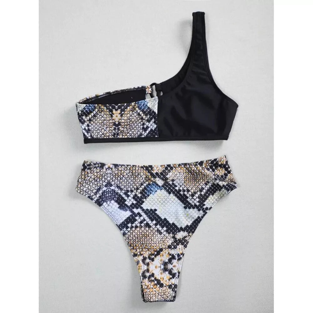 Women's one shoulder leopard print bikini with split swimsuit design