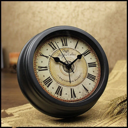 European retro desk clock with 6-inch round dial and silent sweep movement on wooden surface