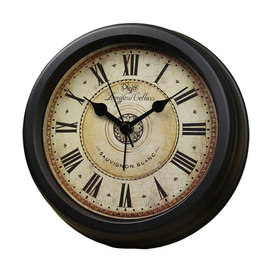 European retro desk clock with 6-inch round dial and silent sweep movement on wooden surface