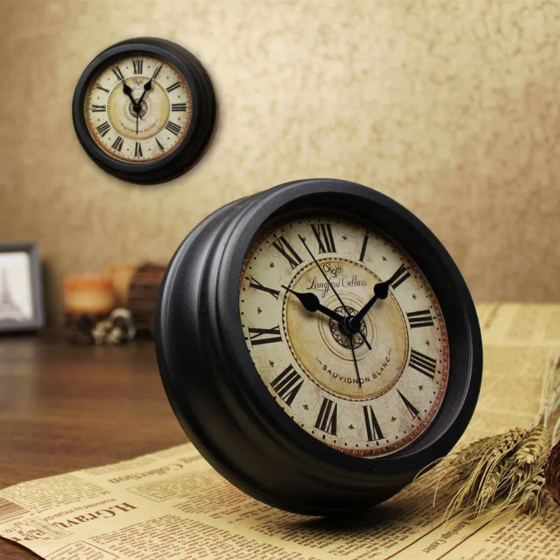 European retro desk clock with 6-inch round dial and silent sweep movement on wooden surface