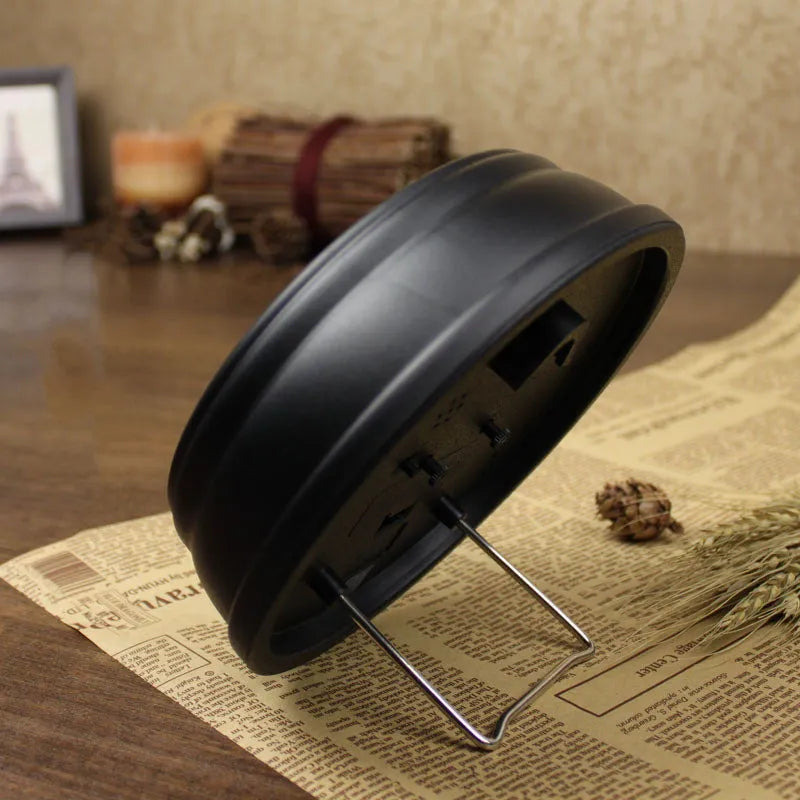 European retro desk clock with 6-inch round dial and silent sweep movement on wooden surface