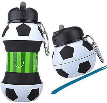 Collapsible soccer-shaped water bottle with straw, made of food-grade silicone for sports and travel hydration