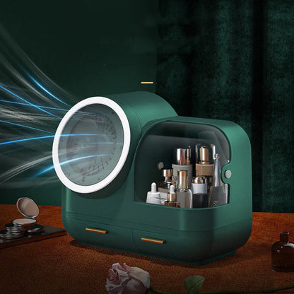 Makeup storage box with 360° mirror and LED lighting in green, pink, and white