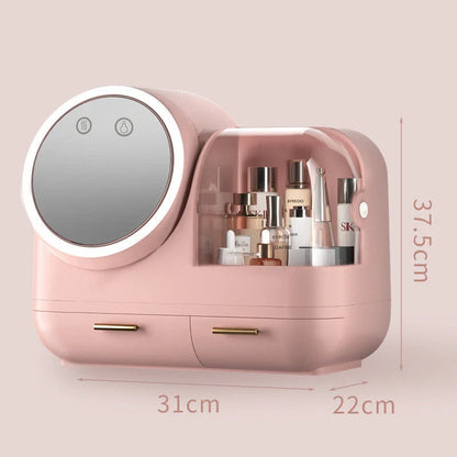 Makeup storage box with 360° mirror and LED lighting in green, pink, and white