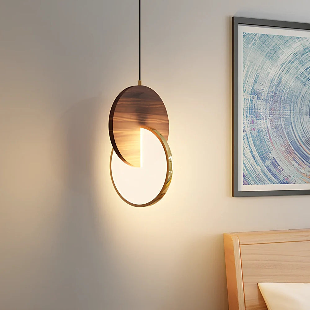 Long-line walnut wood chandelier with warm white lighting for 10-15 square metre rooms