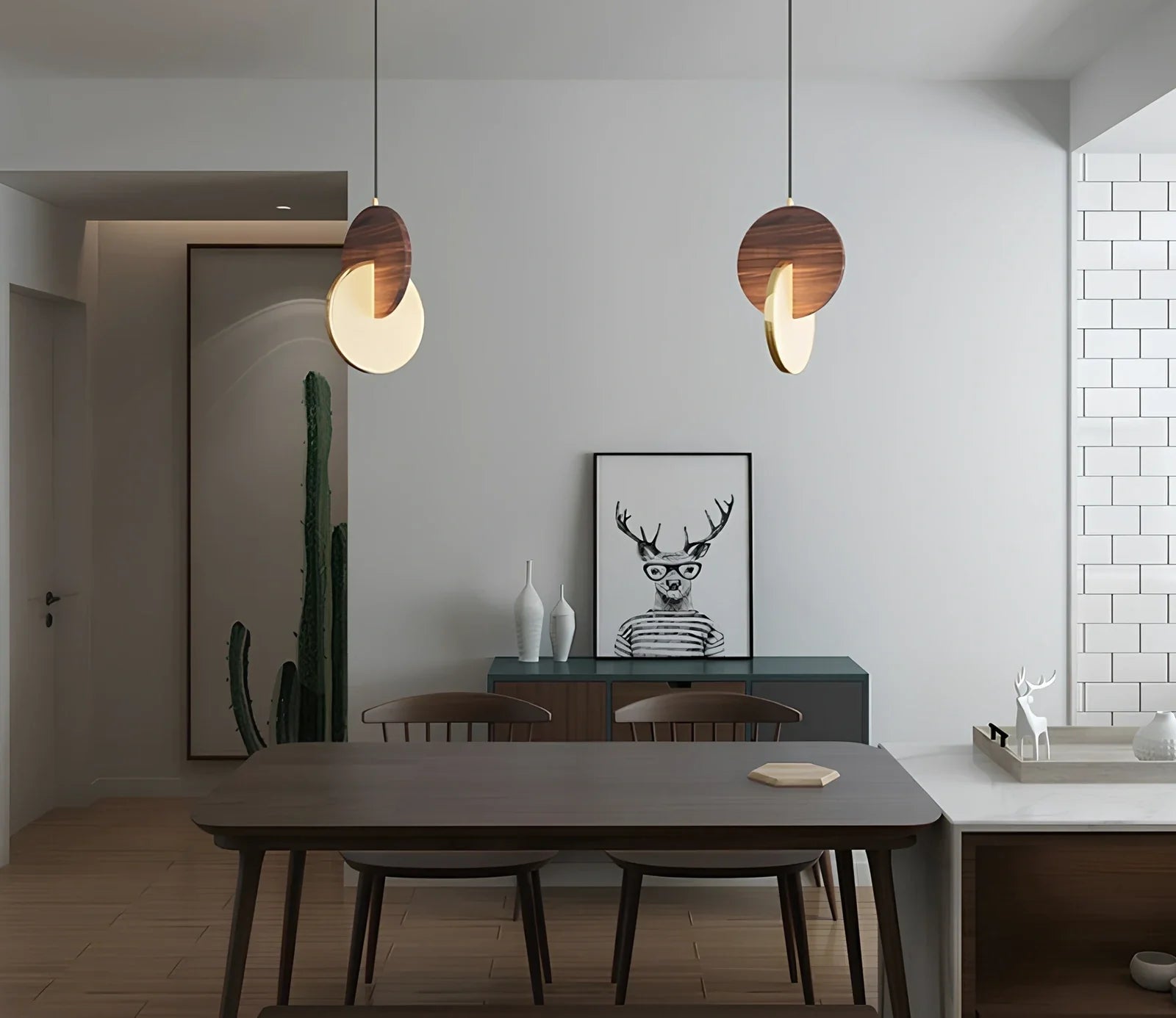 Long-line walnut wood chandelier with warm white lighting for 10-15 square metre rooms