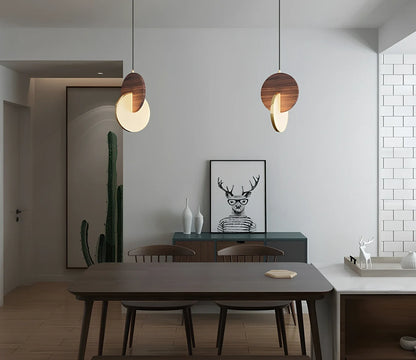 Long-line walnut wood chandelier with warm white lighting for 10-15 square metre rooms