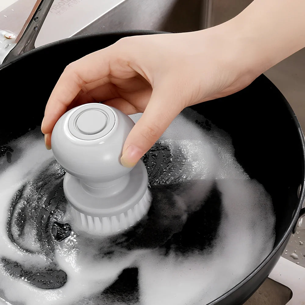 Refillable soap dispenser cleaning brush with silicone bristles and ergonomic handle for pots and pans