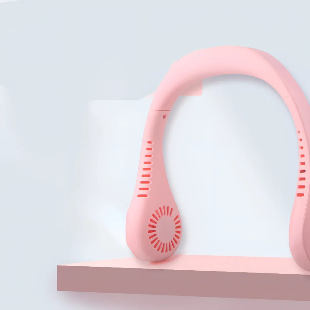 Blue neck fan with dual air outlets and USB charging port