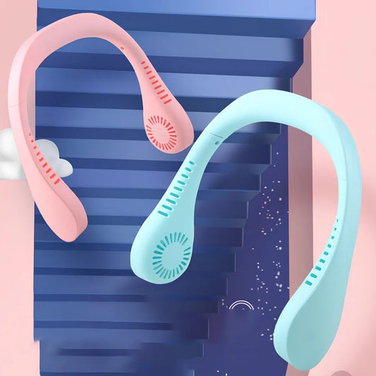 Blue neck fan with dual air outlets and USB charging port