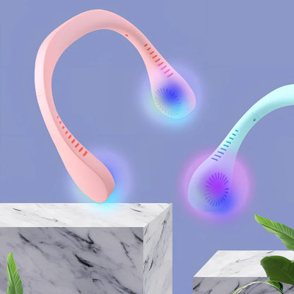 Blue neck fan with dual air outlets and USB charging port