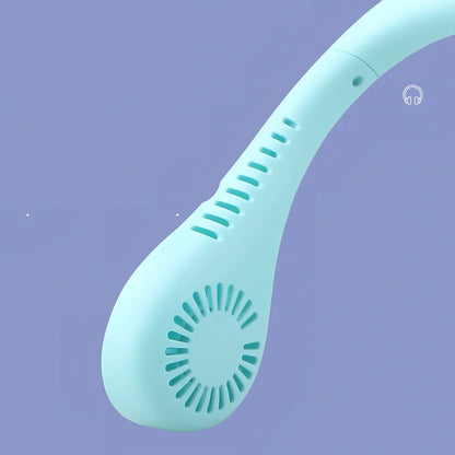 Blue neck fan with dual air outlets and USB charging port