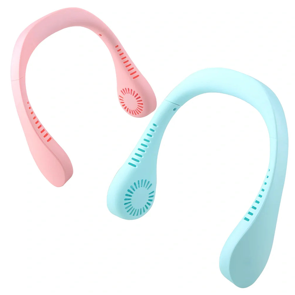 Blue neck fan with dual air outlets and USB charging port