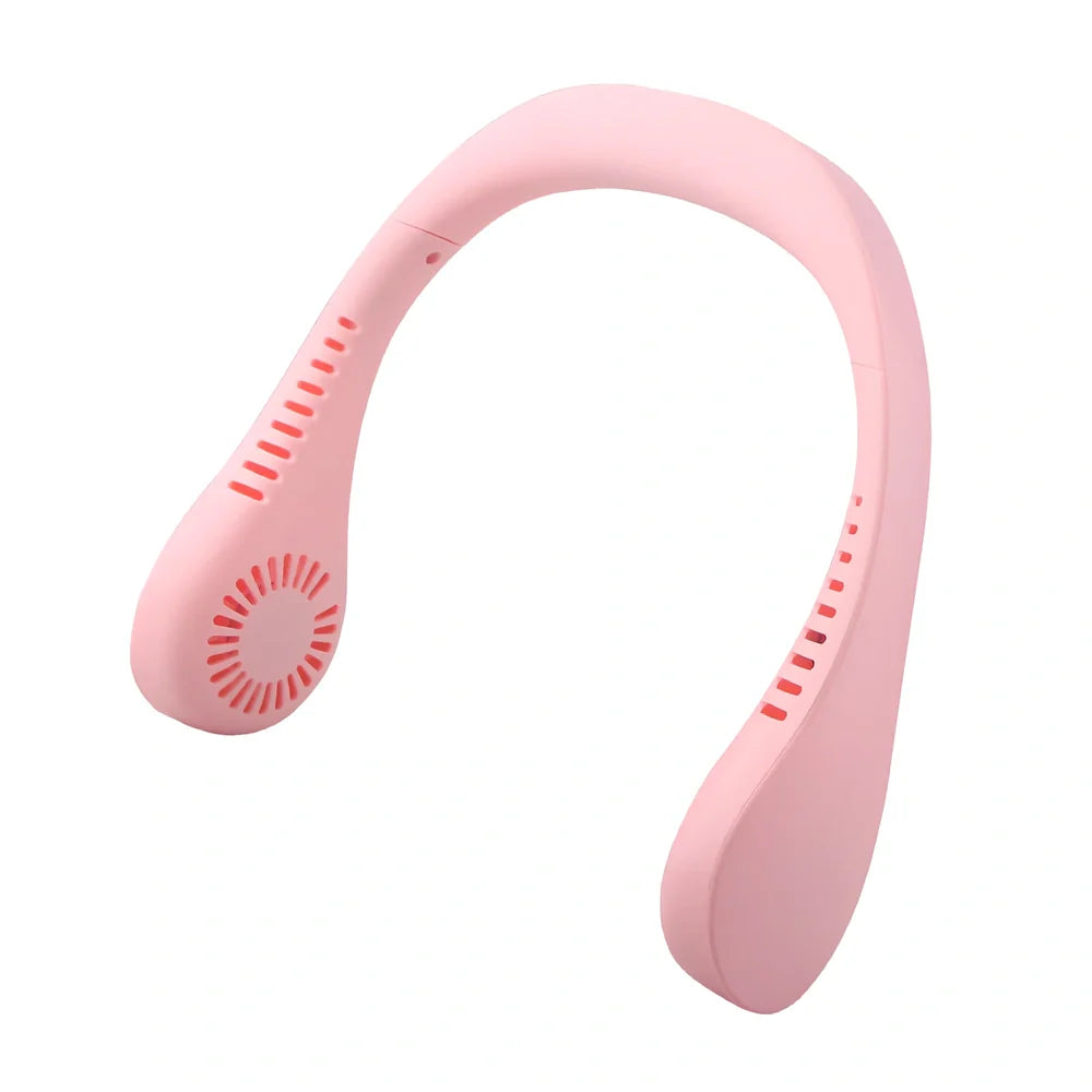 Blue neck fan with dual air outlets and USB charging port