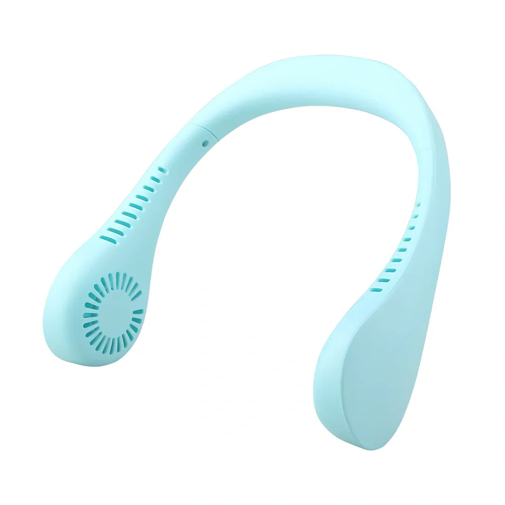 Blue neck fan with dual air outlets and USB charging port