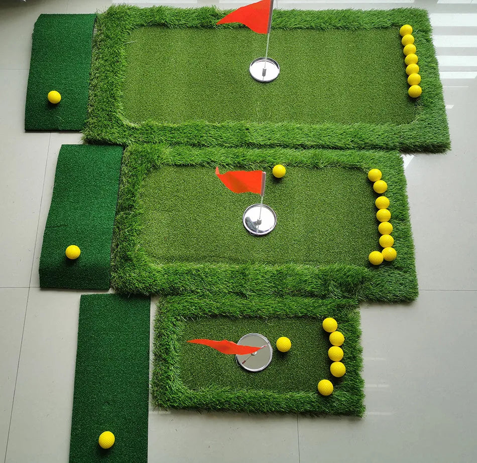 Green golf training mat with artificial grass surface and EVA foam base for indoor and outdoor practice