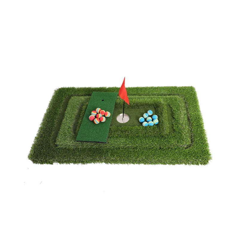 Green golf training mat with artificial grass surface and EVA foam base for indoor and outdoor practice