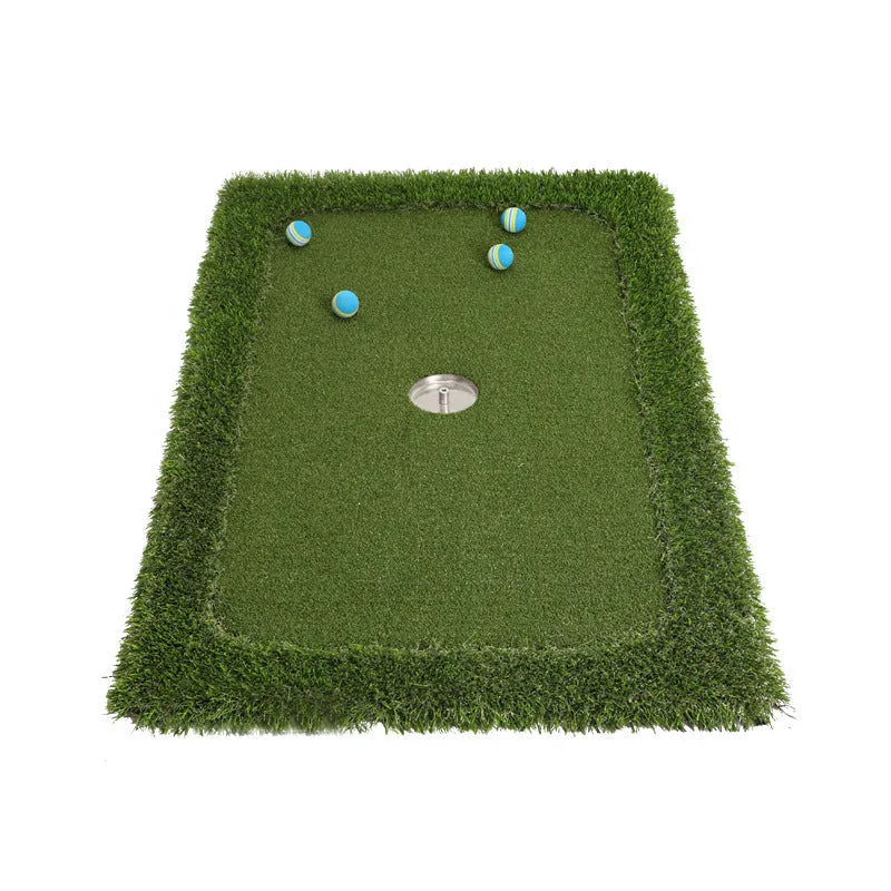 Green golf training mat with artificial grass surface and EVA foam base for indoor and outdoor practice