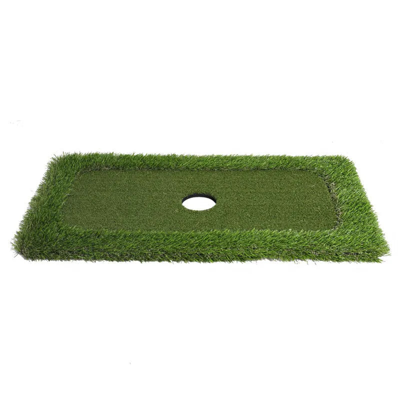Green golf training mat with artificial grass surface and EVA foam base for indoor and outdoor practice