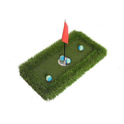 Green golf training mat with artificial grass surface and EVA foam base for indoor and outdoor practice