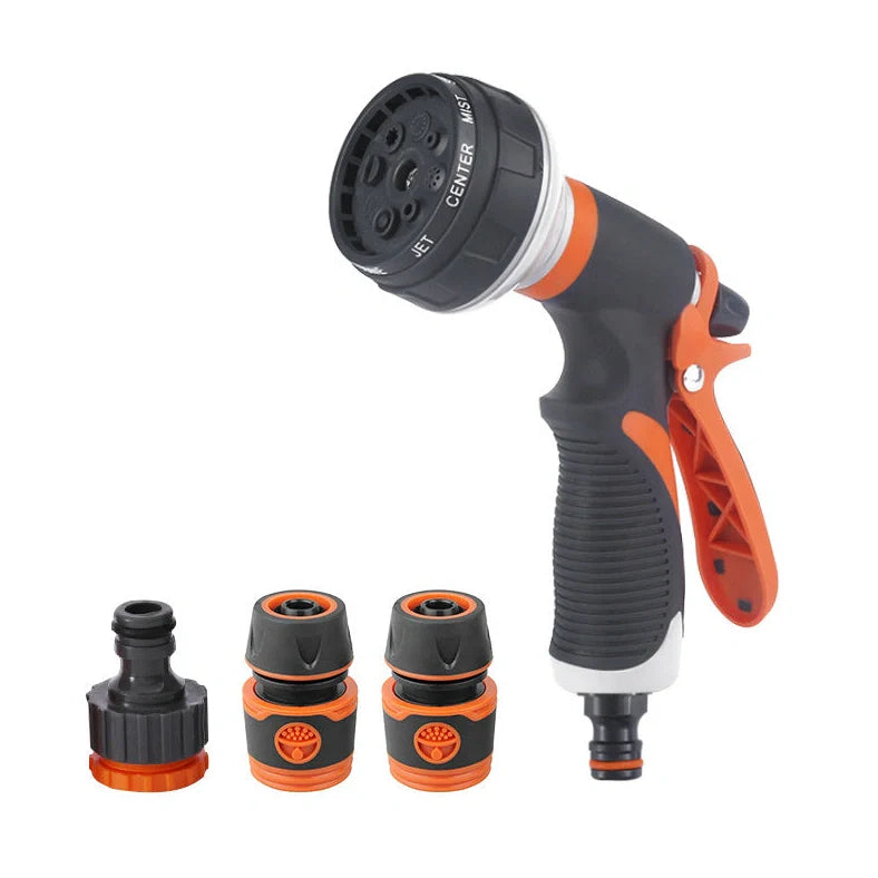 Adjustable water gun showing 8 spray patterns with TPR construction measuring 130-190mm