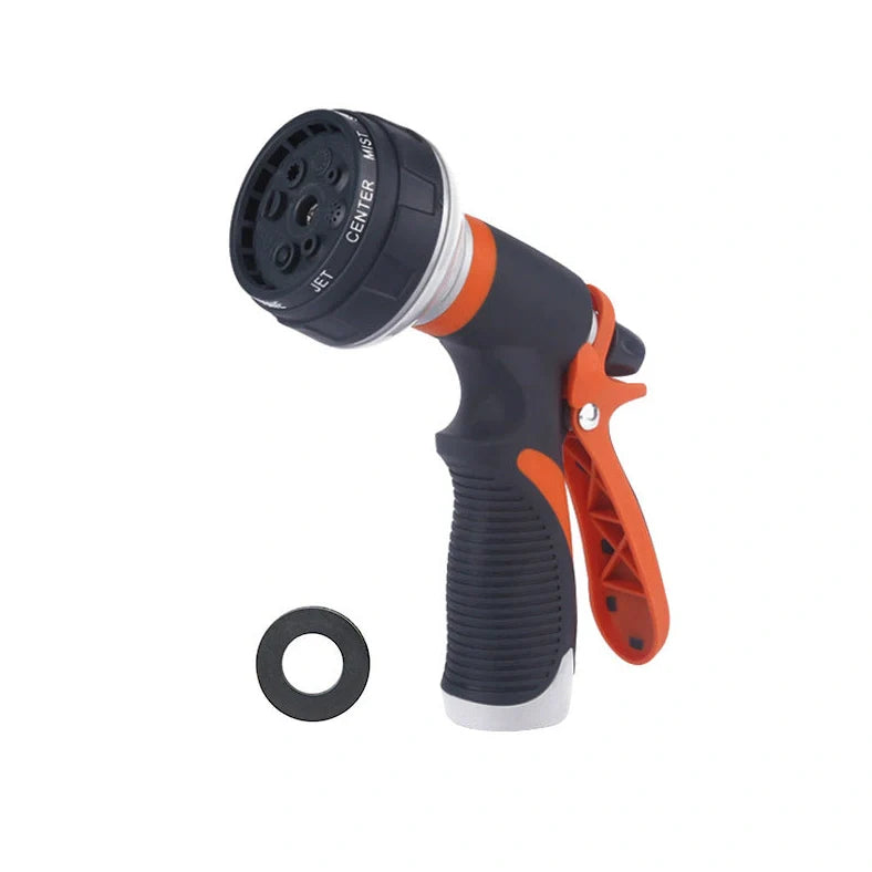 Adjustable water gun showing 8 spray patterns with TPR construction measuring 130-190mm
