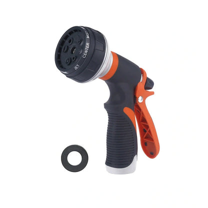 Adjustable water gun showing 8 spray patterns with TPR construction measuring 130-190mm