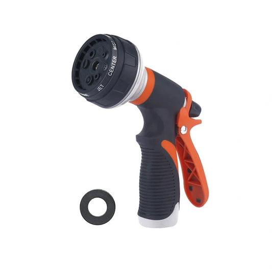Adjustable water gun showing 8 spray patterns with TPR construction measuring 130-190mm