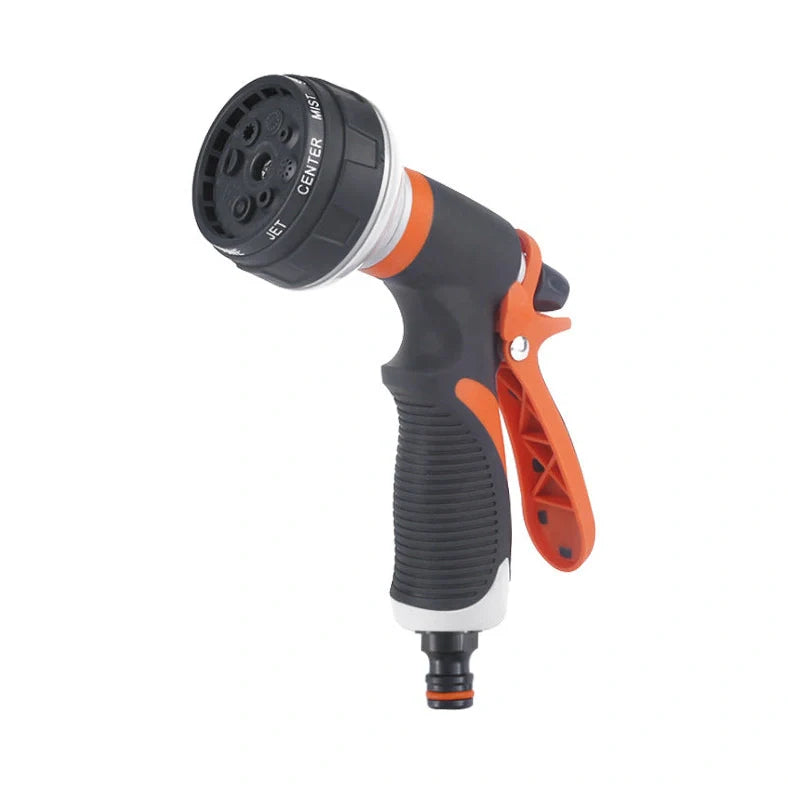 Adjustable water gun showing 8 spray patterns with TPR construction measuring 130-190mm