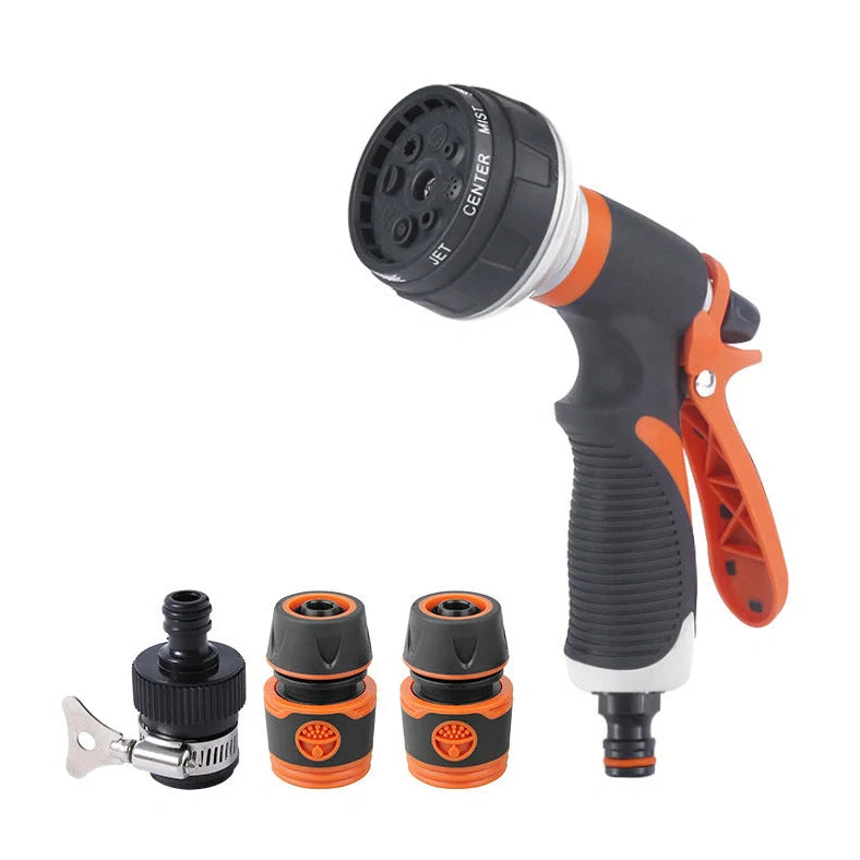 Adjustable water gun showing 8 spray patterns with TPR construction measuring 130-190mm