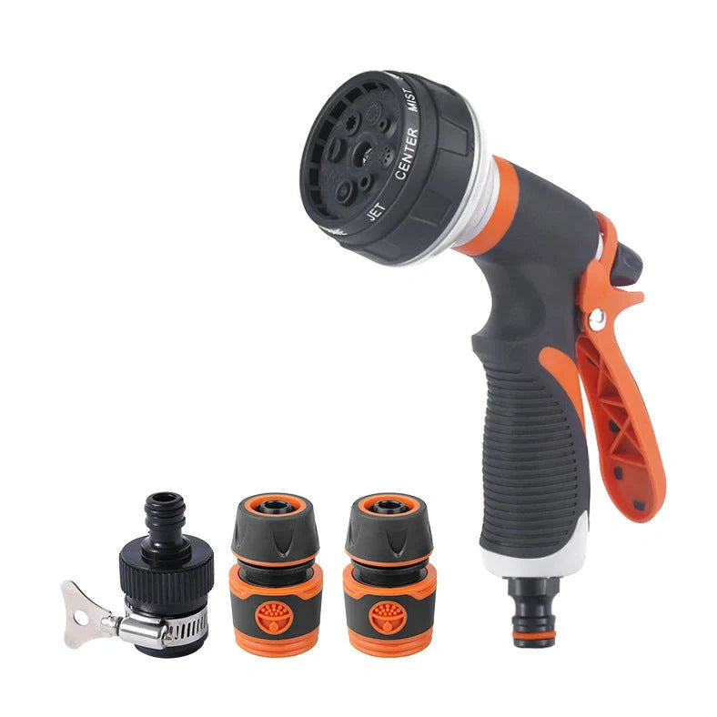Adjustable water gun showing 8 spray patterns with TPR construction measuring 130-190mm