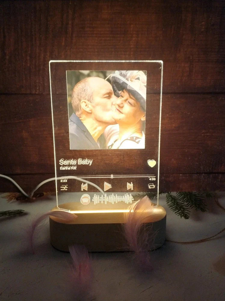 Custom Spotify Note Night Light with wood base, acrylic panel, and USB cable for personalised home decor