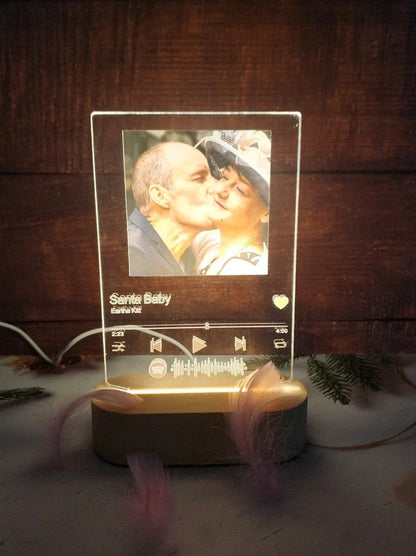 Custom Spotify Note Night Light with wood base, acrylic panel, and USB cable for personalised home decor