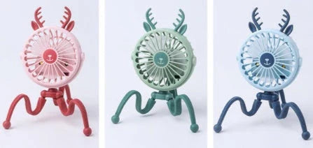Cute animal-themed mini desk fan with 3 wind speeds, USB rechargeability, and LED lights for strollers, beds, and outdoor use