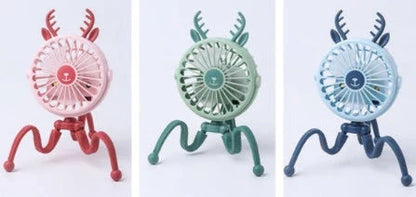 Cute animal-themed mini desk fan with 3 wind speeds, USB rechargeability, and LED lights for strollers, beds, and outdoor use
