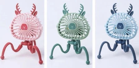 Cute animal-themed mini desk fan with 3 wind speeds, USB rechargeability, and LED lights for strollers, beds, and outdoor use