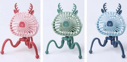Cute animal-themed mini desk fan with 3 wind speeds, USB rechargeability, and LED lights for strollers, beds, and outdoor use