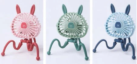 Cute animal-themed mini desk fan with 3 wind speeds, USB rechargeability, and LED lights for strollers, beds, and outdoor use