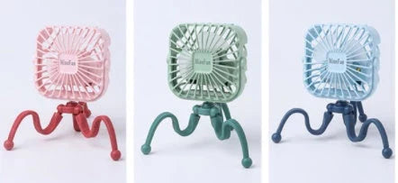 Cute animal-themed mini desk fan with 3 wind speeds, USB rechargeability, and LED lights for strollers, beds, and outdoor use