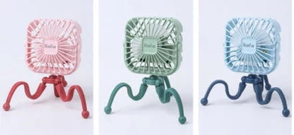 Cute animal-themed mini desk fan with 3 wind speeds, USB rechargeability, and LED lights for strollers, beds, and outdoor use