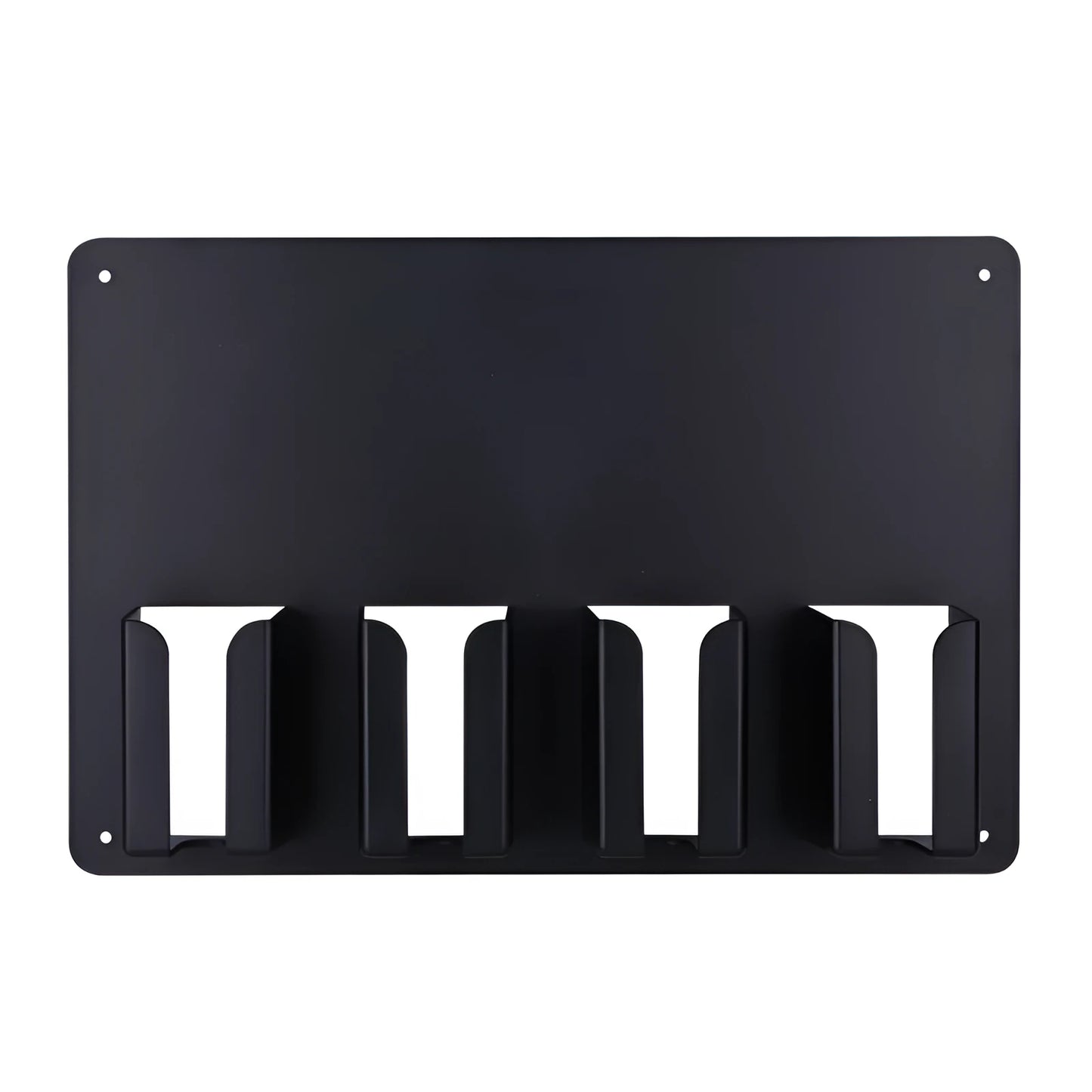 Black plastic wall-mounted hairdressing clipper display box holding four electric clippers