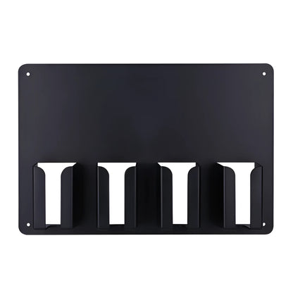 Black plastic wall-mounted hairdressing clipper display box holding four electric clippers
