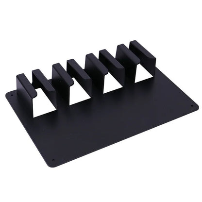 Black plastic wall-mounted hairdressing clipper display box holding four electric clippers